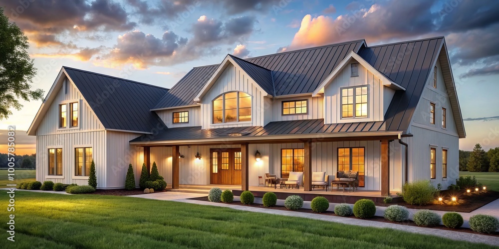 Modern farmhouse with shiplap interiors, set within expansive fields and accented by rustic elegance, creating an Modern farmhouse with shiplap interiors, set within expansive fields and accented by rustic elegance, creating an