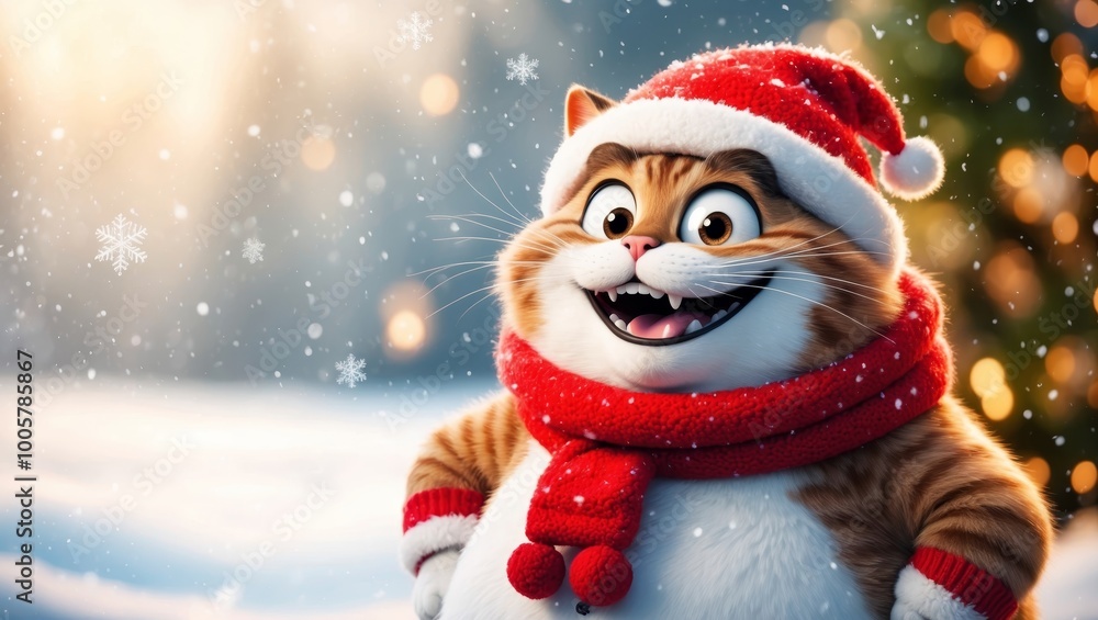A joyful cat dressed in festive attire enjoys a snowy winter day, spreading holiday cheer A joyful cat dressed in festive attire enjoys a snowy winter day, spreading holiday cheer
