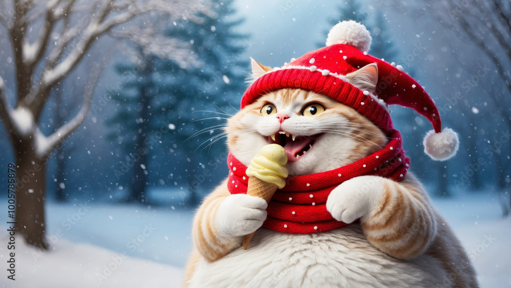 A fluffy cat with a joyful expression eats ice cream while surrounded by snow and pine trees A fluffy cat with a joyful expression eats ice cream while surrounded by snow and pine trees