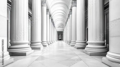 A grand corridor lined with classical columns and marble flooring, evoking a sense of elegance.
