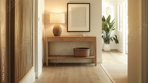 Cozy modern entrance hallway with light wood accents, a simple console table, and warm lighting for a welcoming and inviting look