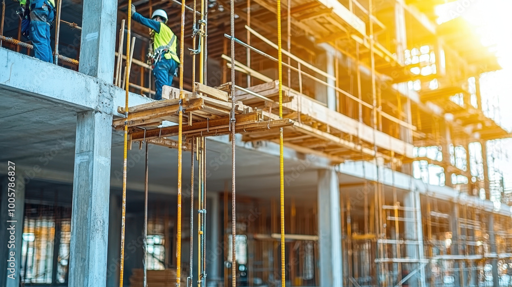 Construction workers are seen on scaffolding, engaged in building activities at construction site. scene captures essence of teamwork and safety in vibrant, sunlit environment Construction workers are seen on scaffolding, engaged in building activities at construction site. scene captures essence of teamwork and safety in vibrant, sunlit environment