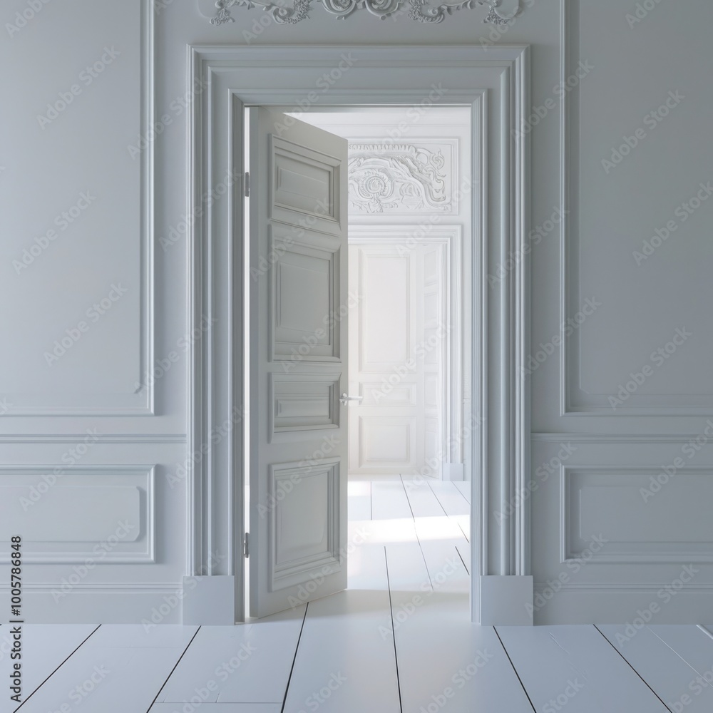 Fototapeta premium Open Doorway: Modern White Interior Design Concept Illustration