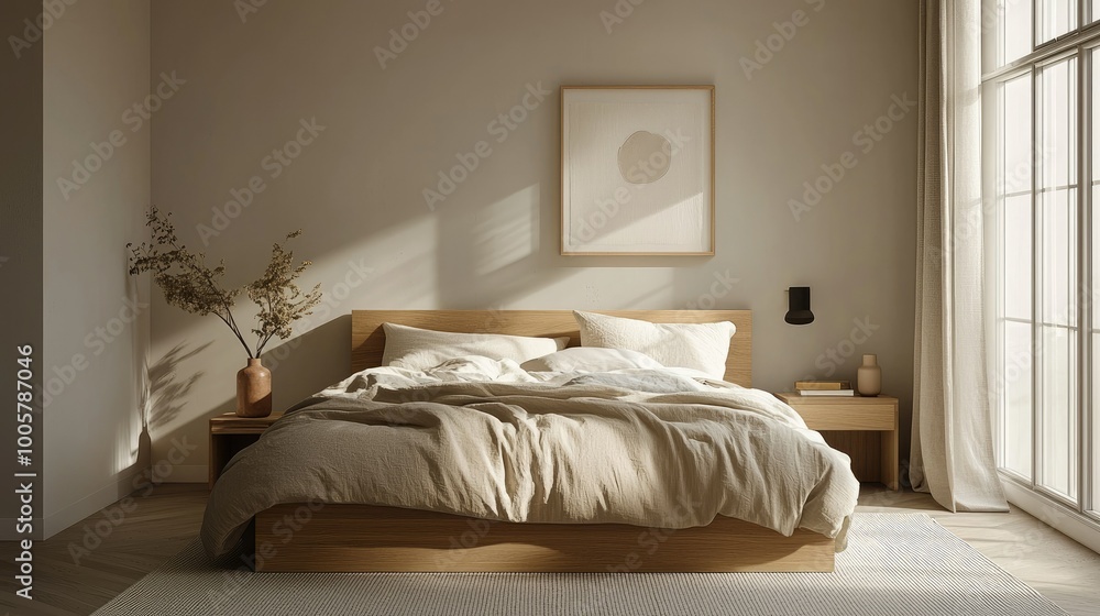 Obraz premium Cozy Scandinavian bedroom with minimal decor, warm tones, a large wooden bedframe, and simple yet stylish bedside tables