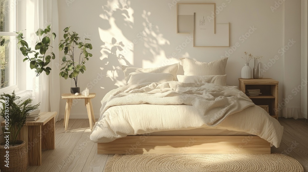 Cozy Scandinavian bedroom with a modern minimalist design, soft textures, and light wood furniture, creating a calm and inviting atmosphere Cozy Scandinavian bedroom with a modern minimalist design, soft textures, and light wood furniture, creating a calm and inviting atmosphere