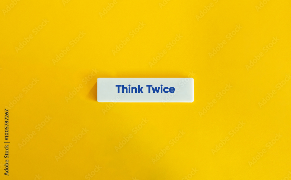 Think Twice Phrase. Blue Text on Block Letter Tile on Yellow Background. Minimal Aesthetic. Think Twice Phrase. Blue Text on Block Letter Tile on Yellow Background. Minimal Aesthetic.