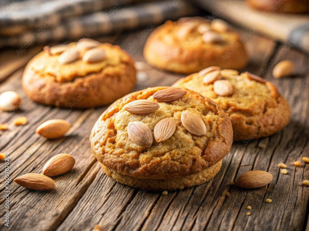 Nestled on a rustic wooden table, a delicious almond biscuit basks in natural light, complemented by a softly Nestled on a rustic wooden table, a delicious almond biscuit basks in natural light, complemented by a softly