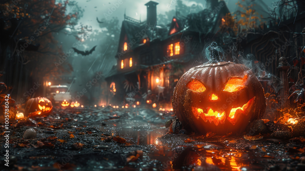 Fototapeta premium spooky Halloween scene featuring carved pumpkin with menacing grin, surrounded by glowing jack o lanterns, misty atmosphere, and eerie house in background. setting evokes sense of mystery and