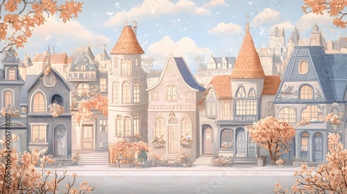 Cozy and Whimsical Townscape in Muted Pastel Tones with Delicate Floral Accents Evoking a Sense of Tranquility and Reminiscence from a Bygone Era