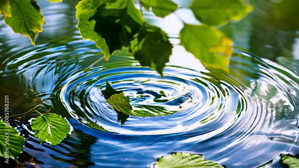 Green leaves floating on rippling water surface with vivid reflections Green leaves floating on rippling water surface with vivid reflections