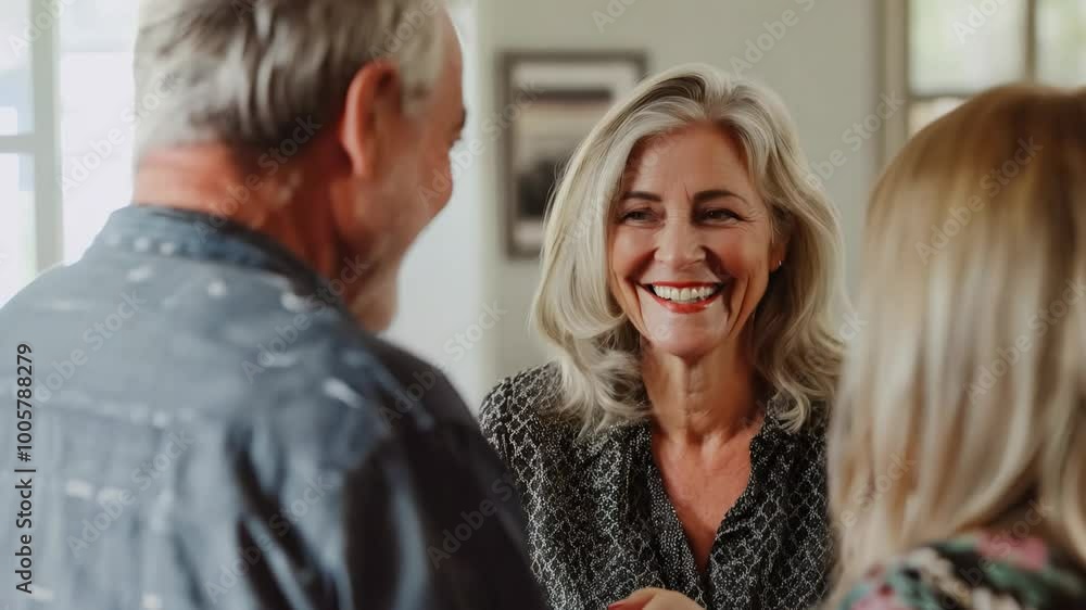 Smiling older woman engaging in conversation with two people indoors Smiling older woman engaging in conversation with two people indoors