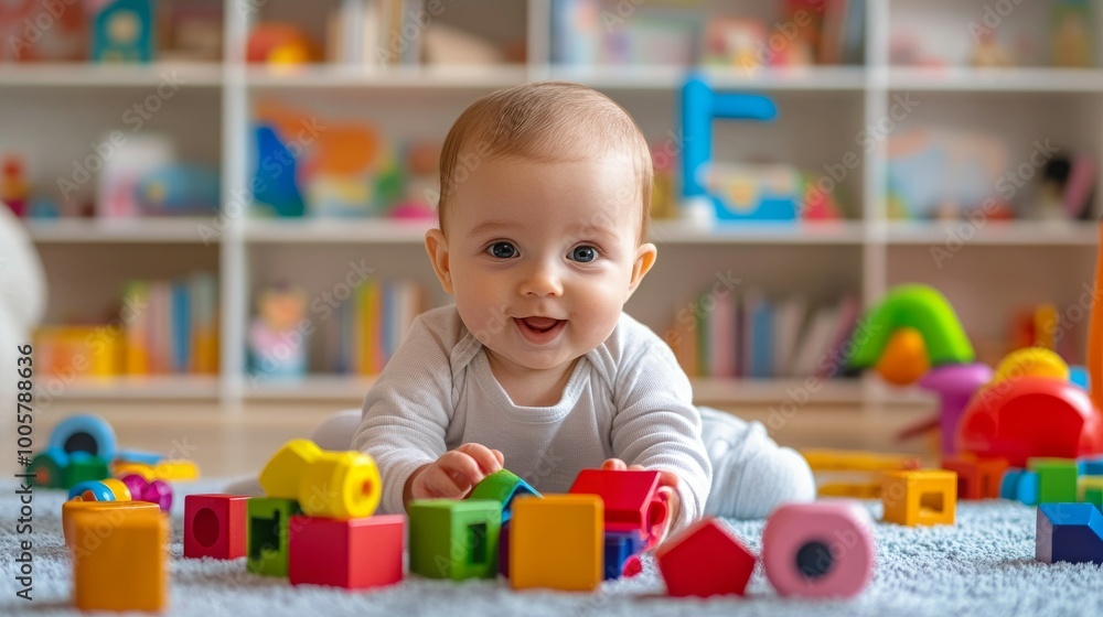 A baby playing with colorful wooden blocks on a soft mat A baby playing with colorful wooden blocks on a soft mat