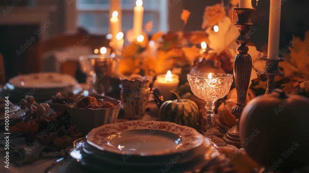 A close-up of the Thanksgiving table set with fine china, candles, and autumn decorations. A close-up of the Thanksgiving table set with fine china, candles, and autumn decorations.