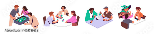 Children play boardgames set. Happy friends have fun with board games indoors: dices, cards, table soccer, jigsaw. People spend time together at home. Flat vector illustrations isolated on white