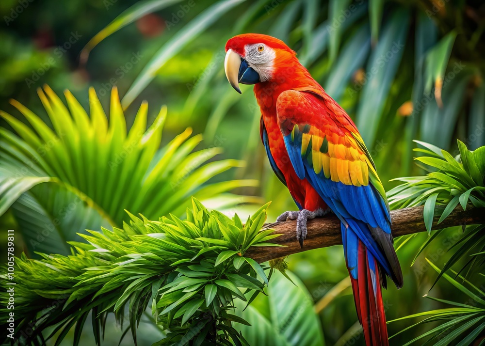 Perched elegantly on a branch, a radiant scarlet macaw blends beautifully with rich green foliage, embodying the beauty Perched elegantly on a branch, a radiant scarlet macaw blends beautifully with rich green foliage, embodying the beauty