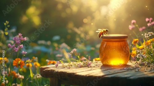 A jar of golden honey sitting on a rustic wooden table, surrounded by wildflowers, with a bee gently landing on the jar photo