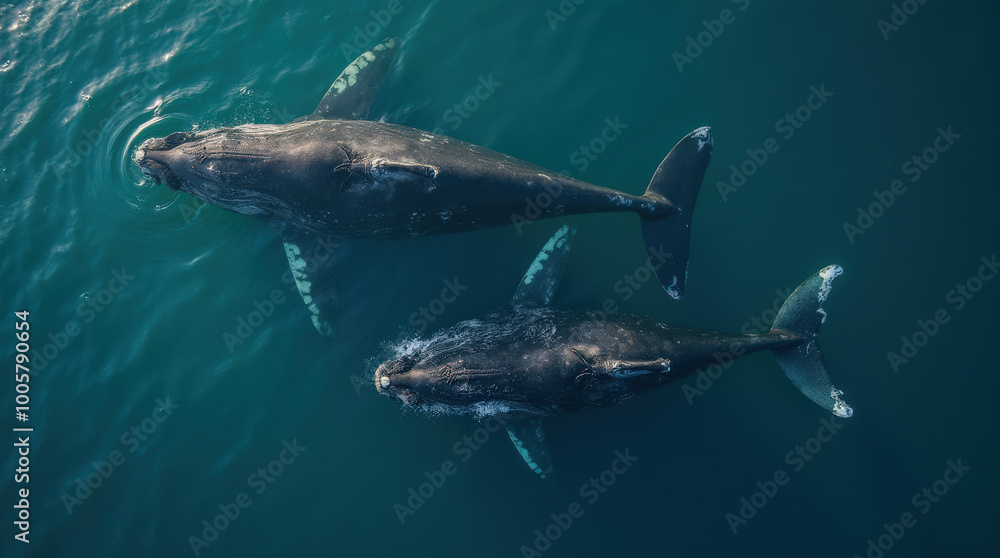 Fototapeta premium Stunning Aerial Drone Photo of Whales in the Ocean – Captivating Wildlife and Marine Mammal Photography