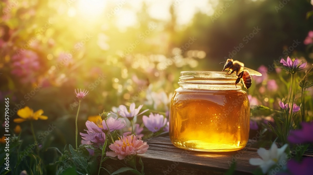 A jar of golden honey sitting on a rustic wooden table, surrounded by wildflowers, with a bee gently landing on the jar A jar of golden honey sitting on a rustic wooden table, surrounded by wildflowers, with a bee gently landing on the jar