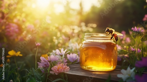 A jar of golden honey sitting on a rustic wooden table, surrounded by wildflowers, with a bee gently landing on the jar