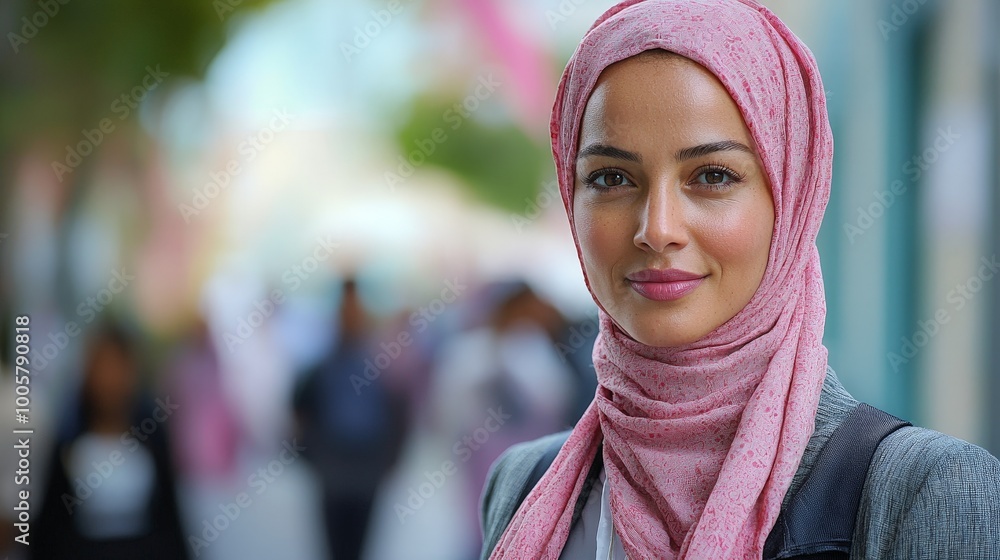 A woman in a pink hijab smiles confidently in an urban setting. A woman in a pink hijab smiles confidently in an urban setting.