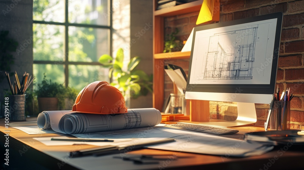 A safety helmet placed on a stack of rolled-up blueprints on an architect's desk. A safety helmet placed on a stack of rolled-up blueprints on an architect's desk.