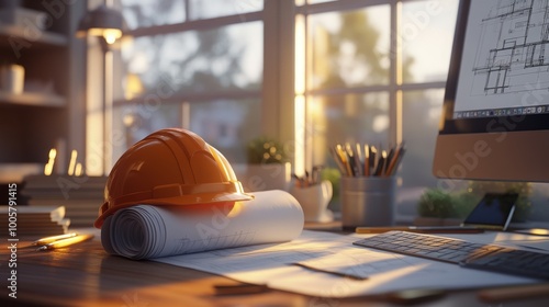 A safety helmet placed on a stack of rolled-up blueprints on an architect's desk.