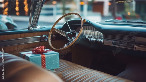 Vintage Car Interior with Steering Wheel and Gift Box