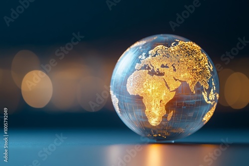 World globe glowing softly with golden continents on a blurred dark background