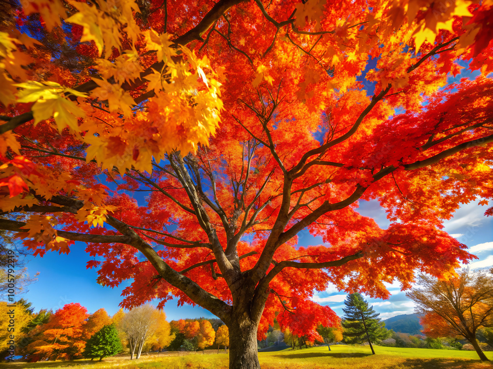 Fototapeta premium Autumn maple tree with vibrant red and orange leaves against a clear sky 맑은 하늘을 배경으로 선명한 빨강과 주황빛 단풍이 물든 가을 단풍나무