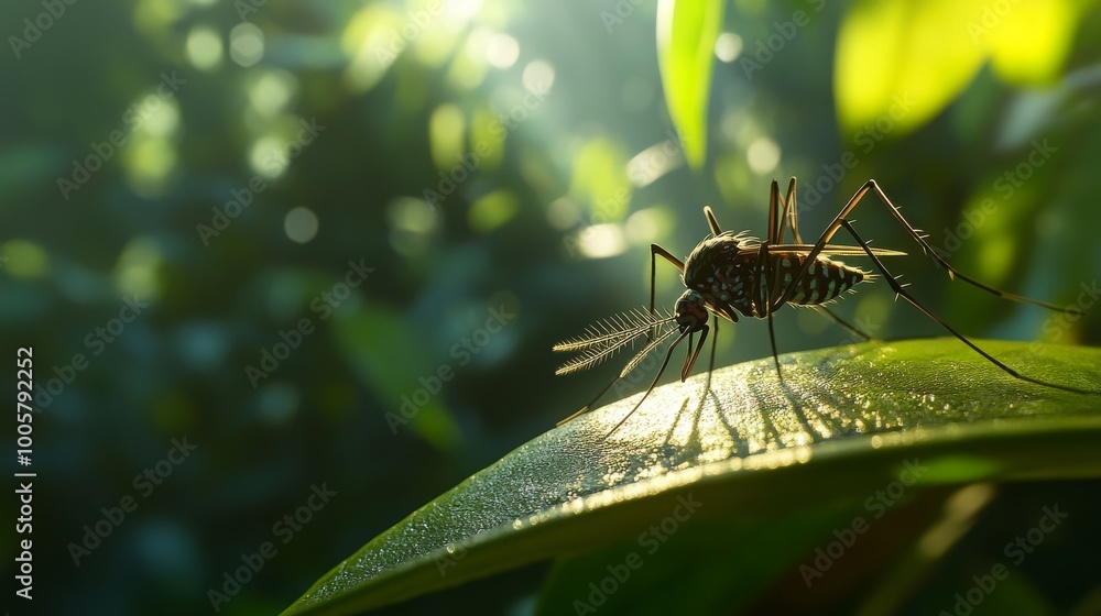 Aedes mosquito perched on a leaf, illuminated by soft morning light. Dense tropical jungle in the background Aedes mosquito perched on a leaf, illuminated by soft morning light. Dense tropical jungle in the background