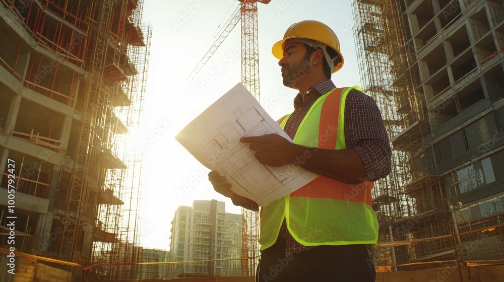 An engineer holding a detailed blueprint An engineer holding a detailed blueprint