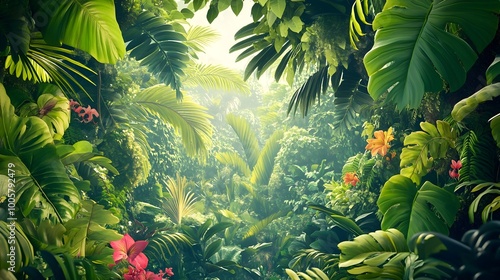 Fototapeta Naklejka Na Ścianę i Meble -  Lush and verdant jungle scene with towering canopy of vibrant green leaves tangled vines and exotic flowering plants evoking a sense of discovery and adventure in a cinematic