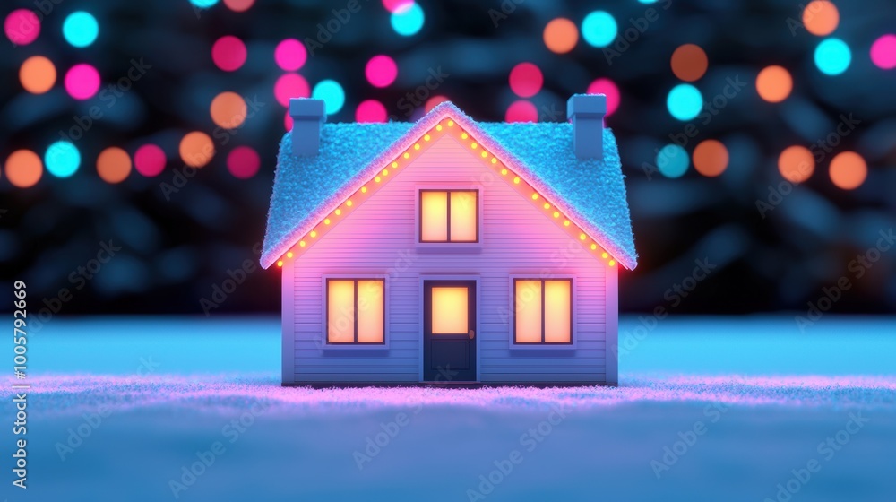 A cozy house illuminated with colorful lights on a snowy winter evening. A cozy house illuminated with colorful lights on a snowy winter evening.
