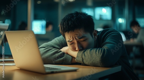 An Asian man slouched over his desk, resting his head on his arms with an open laptop in front of him, clearly feeling the Monday blues