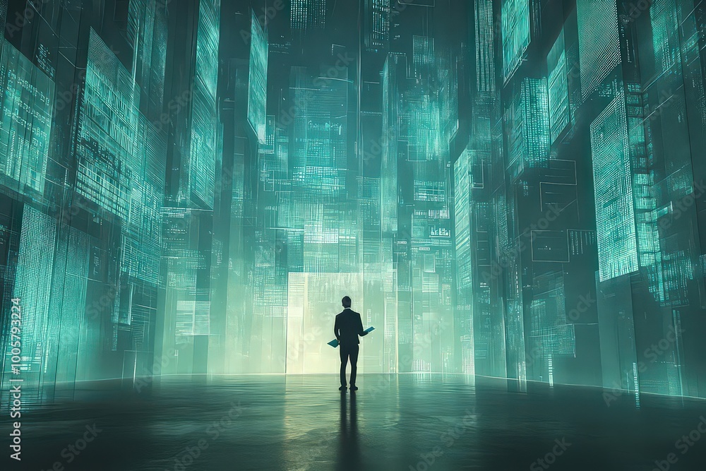 Giant maze sprawls across scene, walls made of bar graphs and financial reports, creating complex and symbolic environment. Giant maze sprawls across scene, walls made of bar graphs and financial reports, creating complex and symbolic environment.