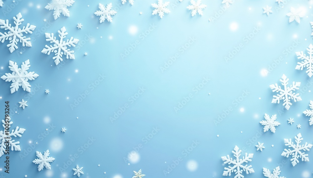 Winter-themed background with snowflakes and sparkling effects on a light blue backdrop, seasonal decoration Winter-themed background with snowflakes and sparkling effects on a light blue backdrop, seasonal decoration