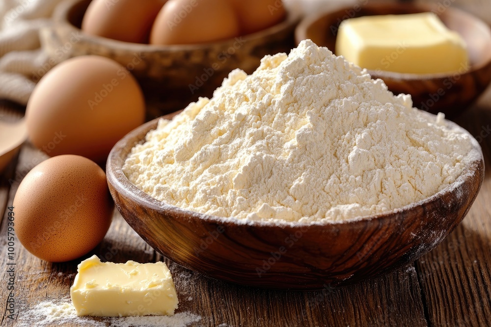 A bowl of white flour with eggs and butter nearby. Perfect for your baking recipes, advertisements, or blog posts. A bowl of white flour with eggs and butter nearby. Perfect for your baking recipes, advertisements, or blog posts.