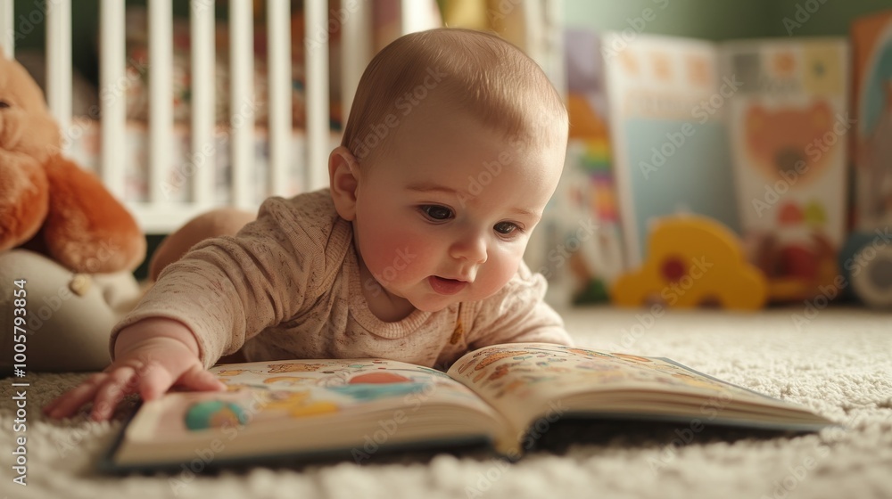 A baby reaching for a picture book with large A baby reaching for a picture book with large