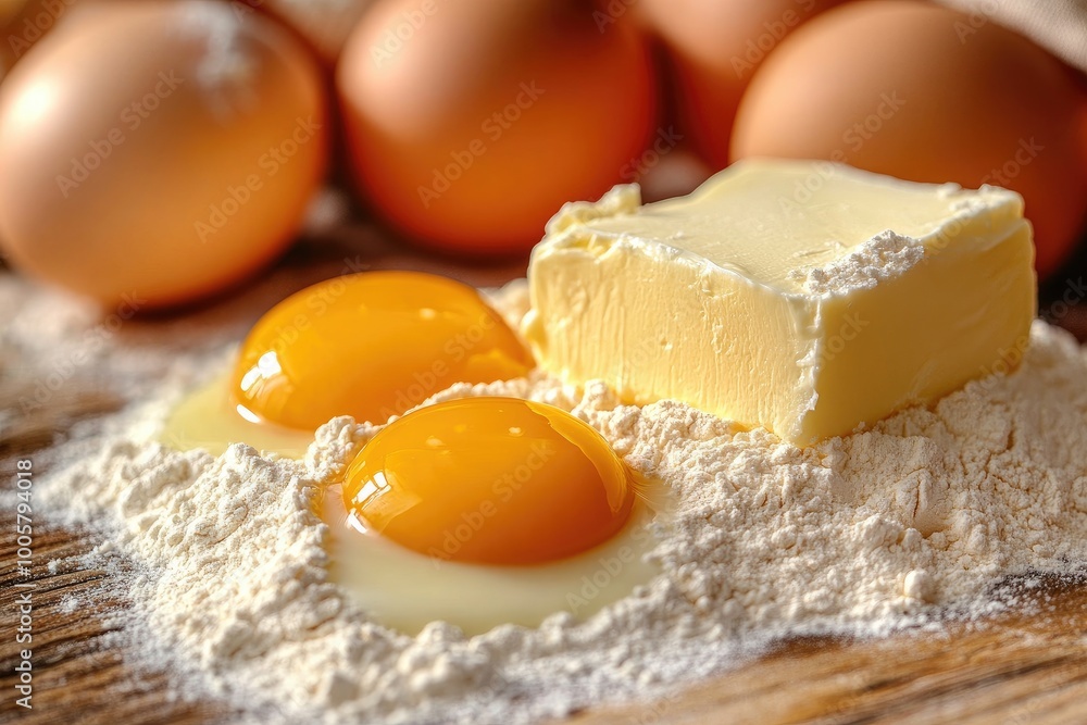 Eggs, butter, and flour on wood. Perfect for baking recipes and cooking content. Eggs, butter, and flour on wood. Perfect for baking recipes and cooking content.