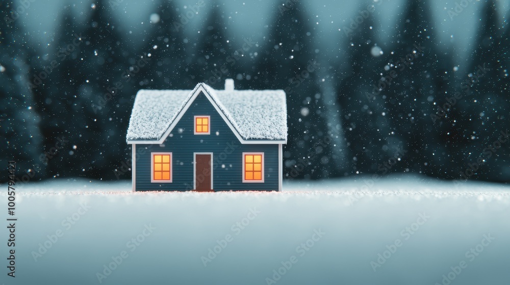 Naklejka premium Charming house in winter scenery with snow and illuminated windows, serene atmosphere.