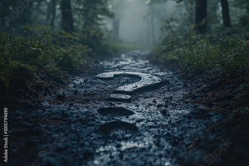  Question mark formed by footprints in muddy forest trail, leading into mist, with dense trees, underbrush creating mysterious, eerie atmosphere.