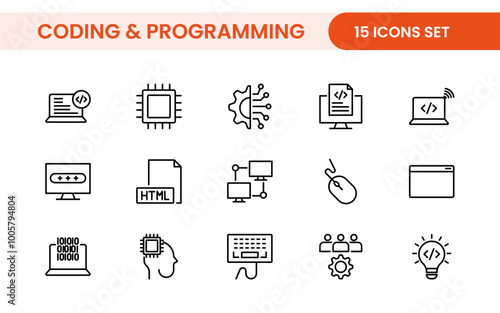 Programming coding set of web icons in line style. Software development icons for web and mobile app. Code, api, programmer, developer, information technology, coder and more.
