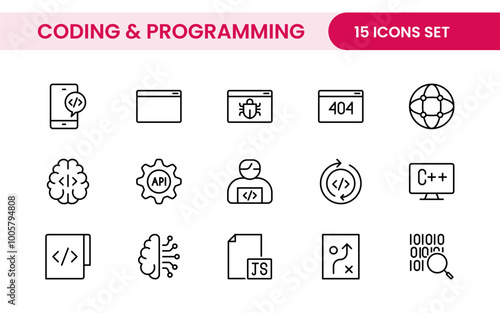 Programming coding set of web icons in line style. Software development icons for web and mobile app. Code, api, programmer, developer, information technology, coder and more.
