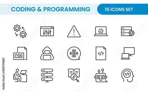 Programming coding set of web icons in line style. Software development icons for web and mobile app. Code, api, programmer, developer, information technology, coder and more.
