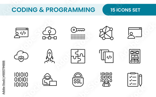 Programming coding set of web icons in line style. Software development icons for web and mobile app. Code, api, programmer, developer, information technology, coder and more.