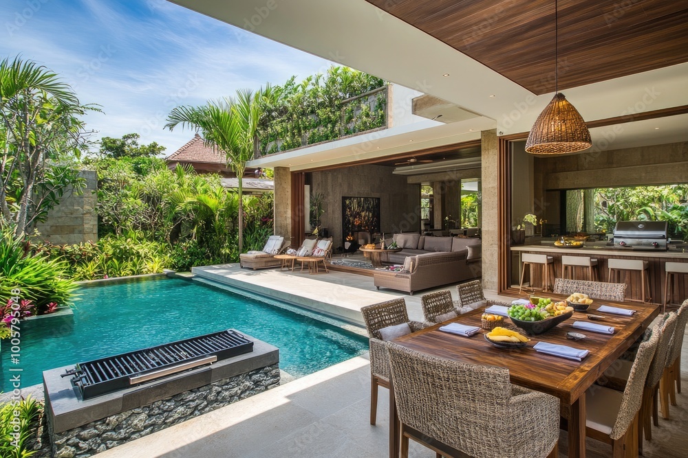 Fototapeta premium Tropical modern home with pool. This photo features a luxury villa with an outdoor pool and a dining table, perfect for showcasing a vacation home or luxury real estate.