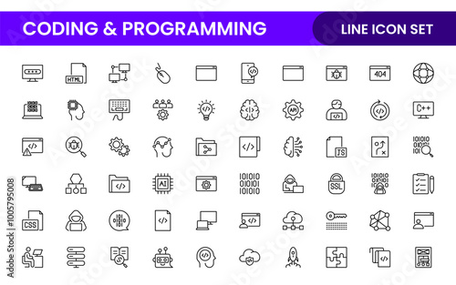 Programming coding set of web icons in line style. Software development icons for web and mobile app. Code, api, programmer, developer, information technology, coder and more.