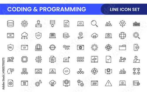 Programming coding set of web icons in line style. Software development icons for web and mobile app. Code, api, programmer, developer, information technology, coder and more.