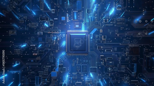 An abstract AI circuit board background featuring interconnected blue lines and electronic elements. 