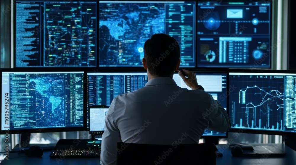 A cybersecurity specialist monitoring encrypted email traffic on multiple screens in a command center A cybersecurity specialist monitoring encrypted email traffic on multiple screens in a command center